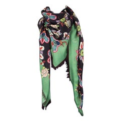 VALENTINO green black cashmere FLORAL Shawl Scarf