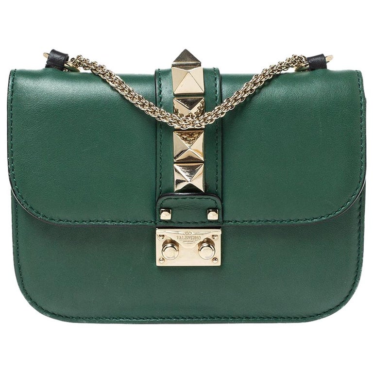 Valentino Green/Black Leather Small Rockstud Glam Lock Flap Bag at ...