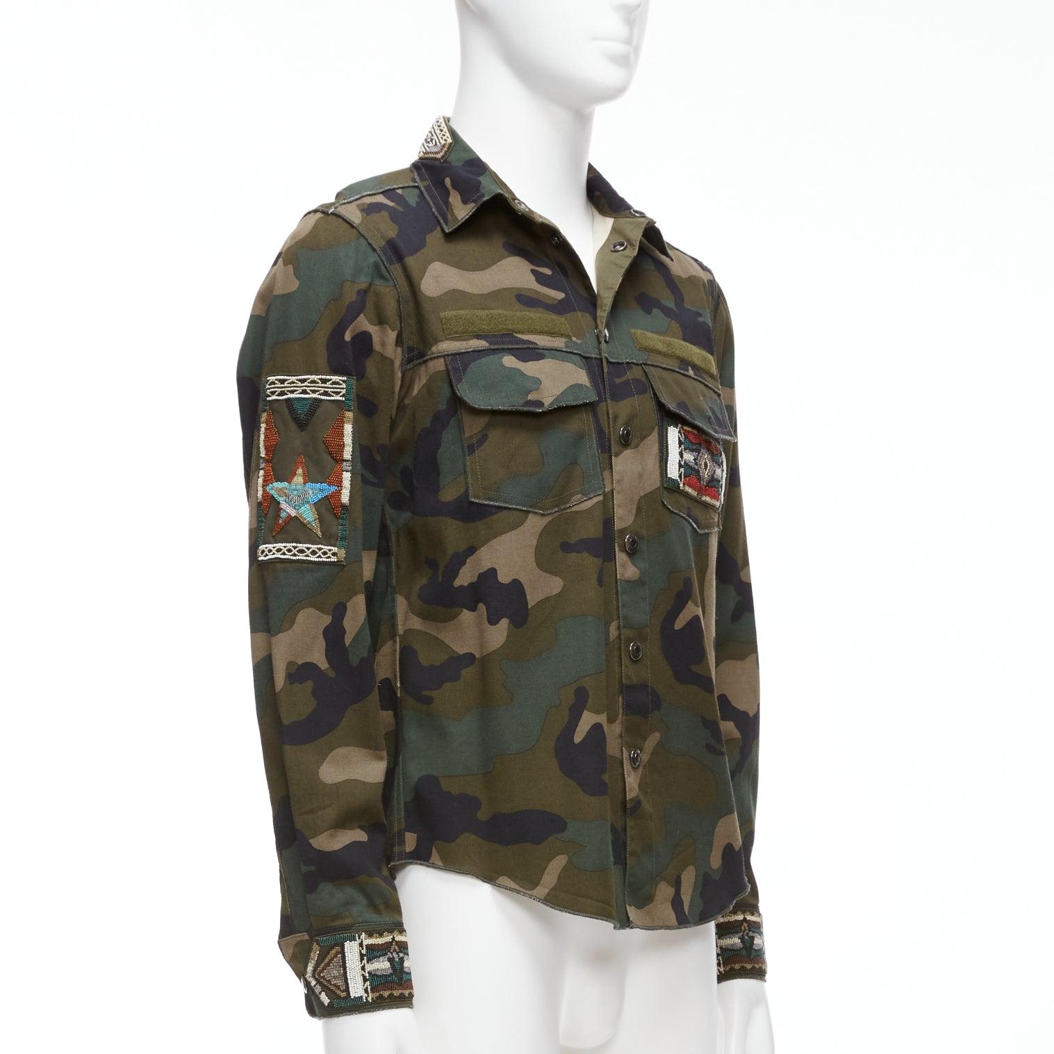 Black VALENTINO green camouflage bead applique military overshirt IT46 S