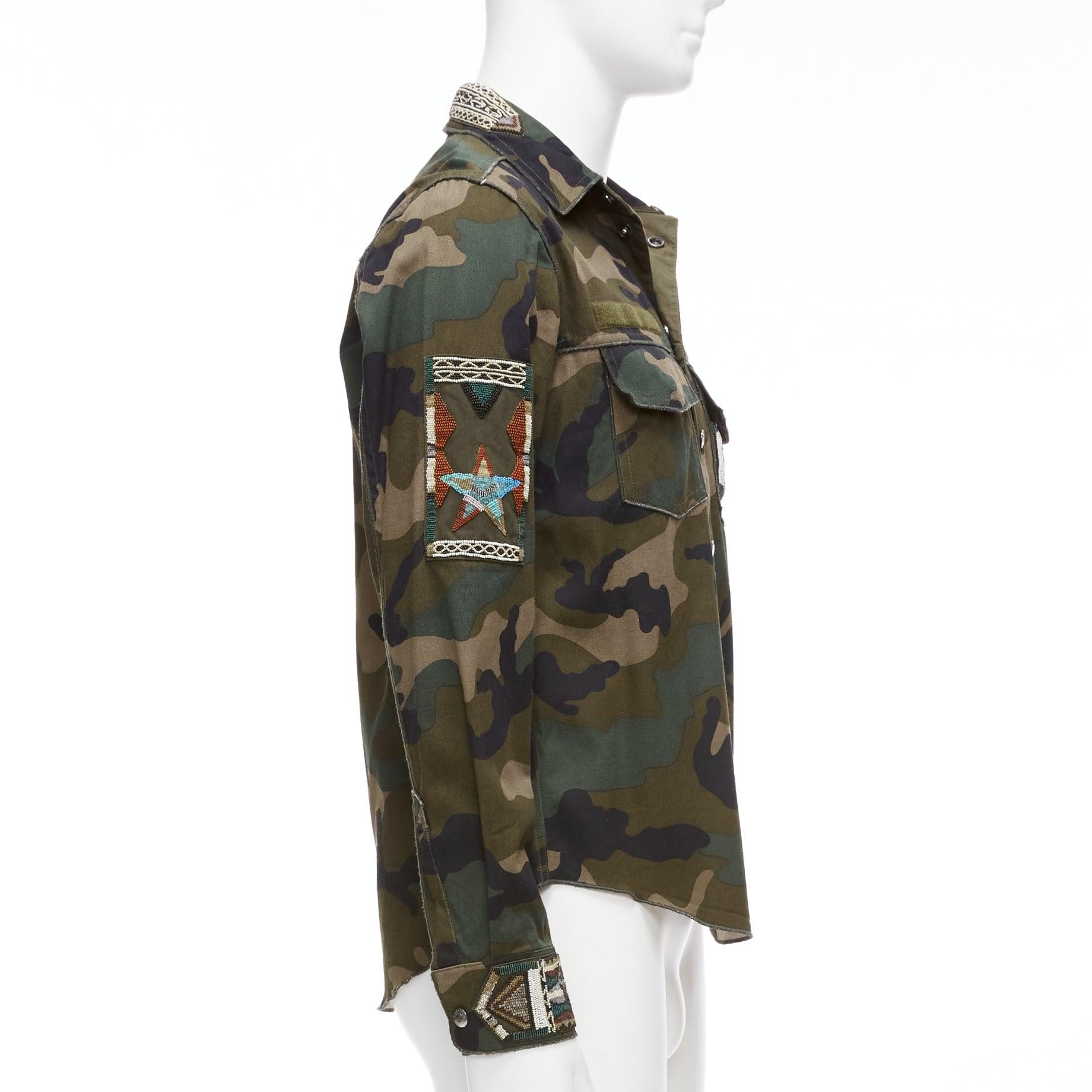 VALENTINO green camouflage bead applique military overshirt IT46 S For Sale 1
