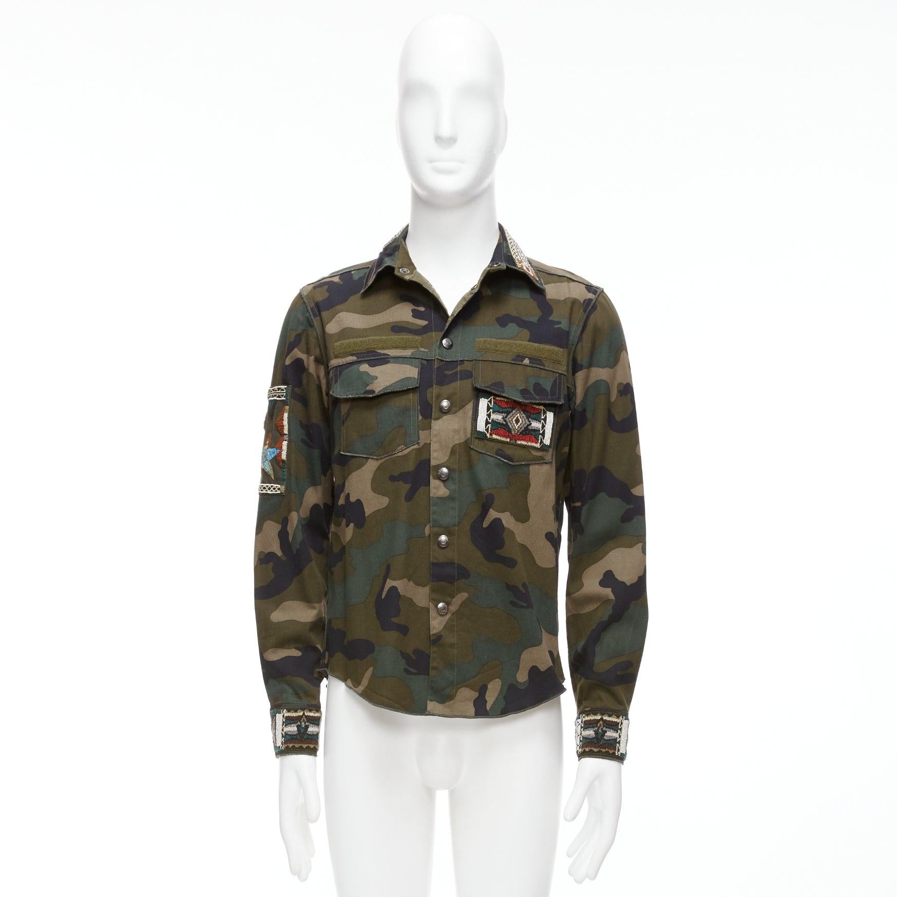 VALENTINO green camouflage bead applique military overshirt IT46 S For Sale 6