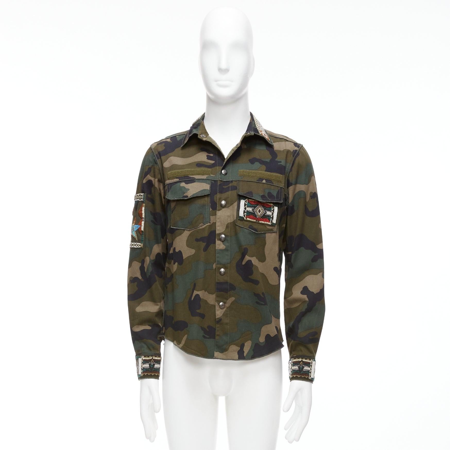VALENTINO green camouflage bead applique military overshirt IT46 S 5