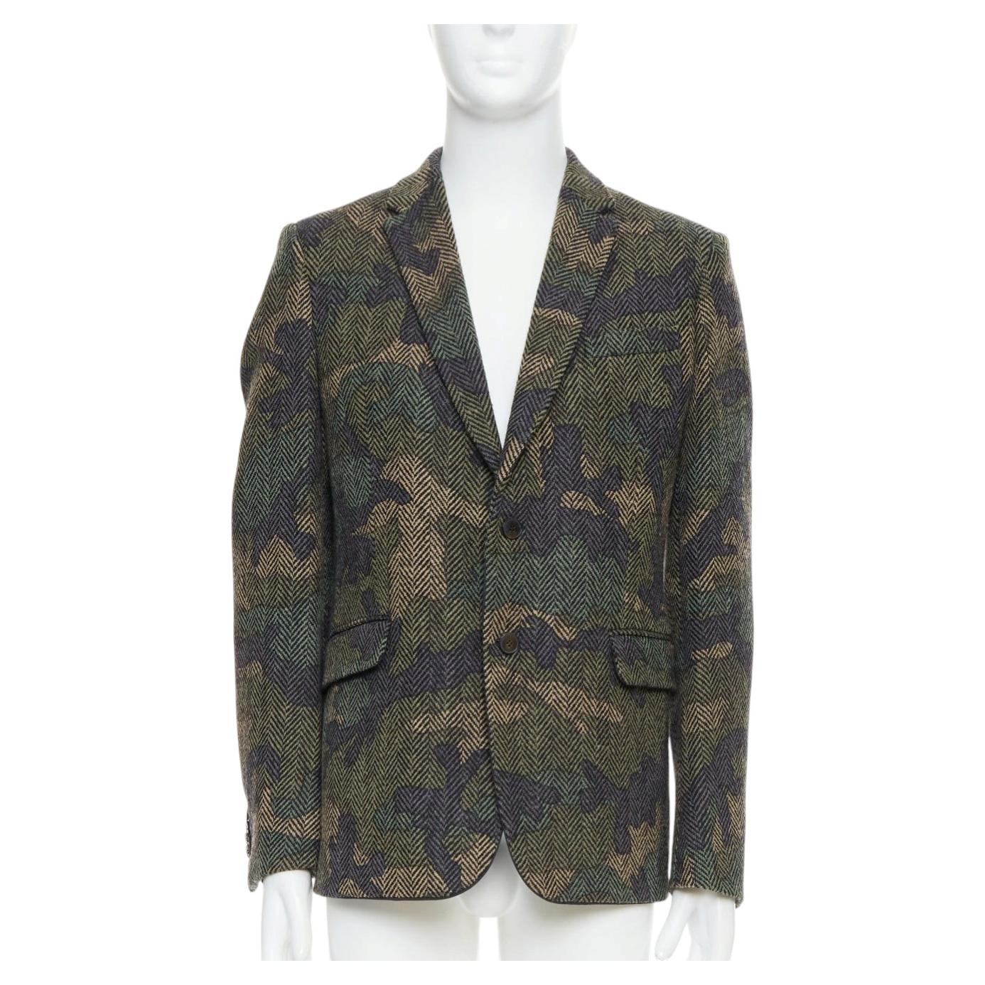 VALENTINO green camouflage print herringbone wool blazer jacket IT50 L For Sale