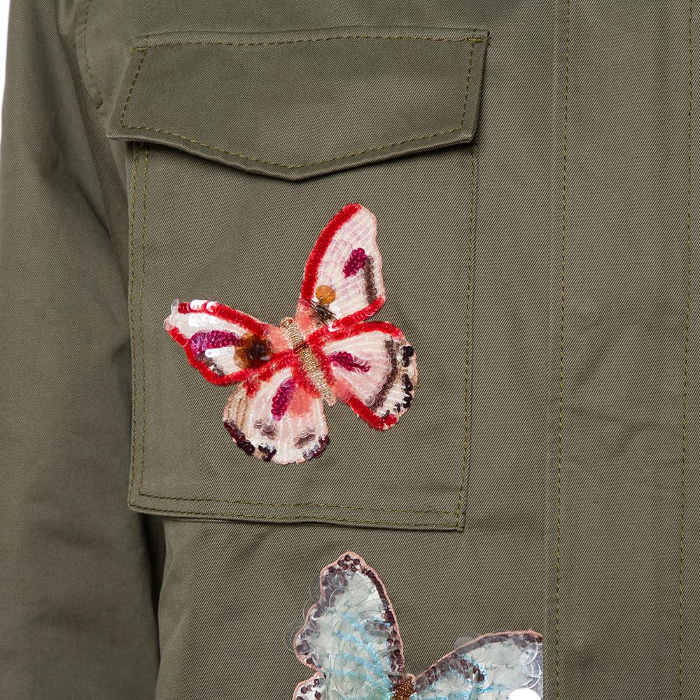 Gray Valentino Green Canvas Sequined Butterfly Applique Cargo Pocket Detail Jacket M
