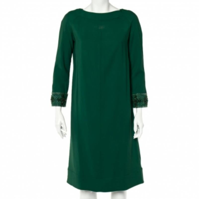 Valentino - Robe droite à manches embellies en crêpe vert, taille M