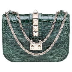 Valentino Green Croc Embossed Leather V Lock Small Shoulder Bag