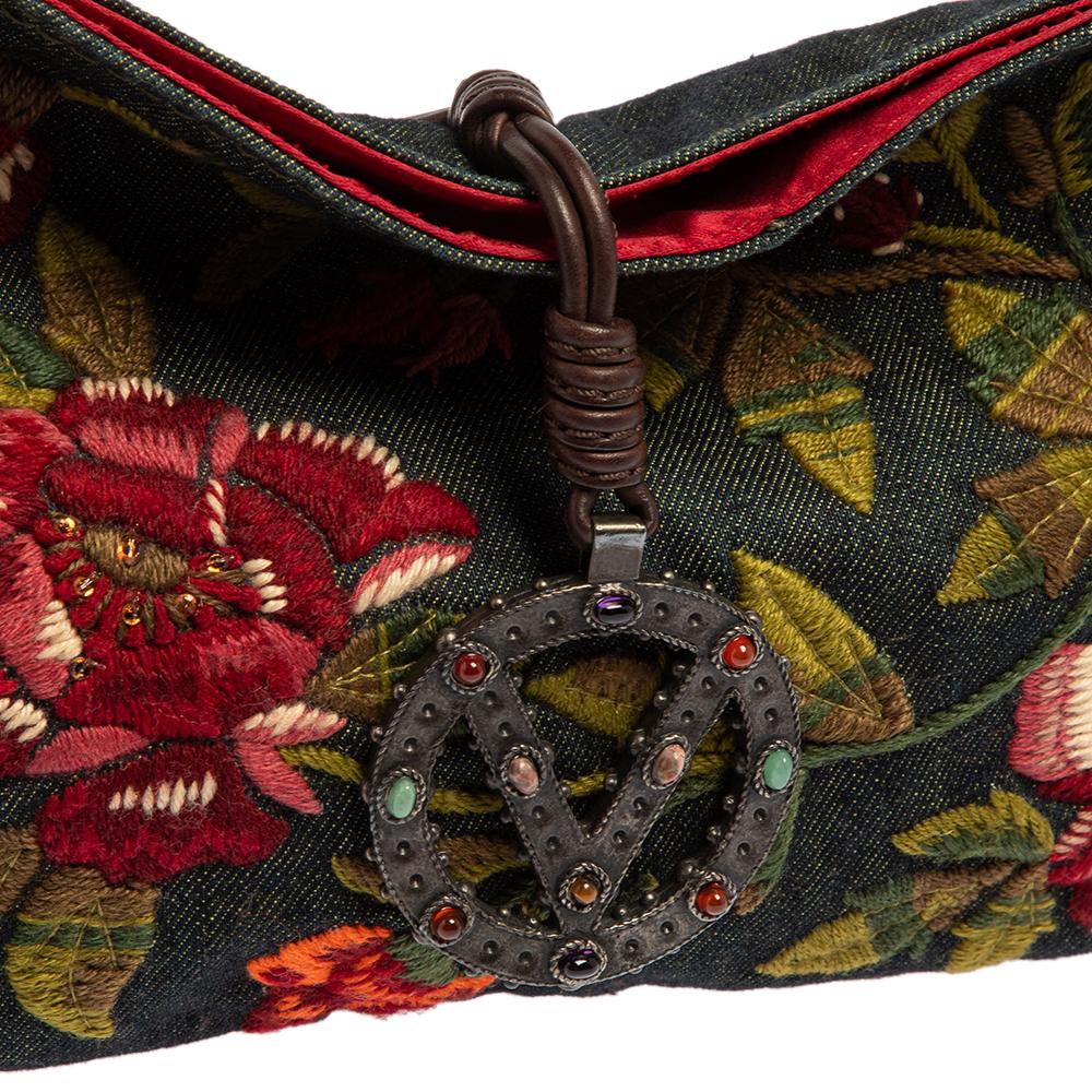 Women's Valentino Green Denim Embroidered Floral Catch Shoulder Bag