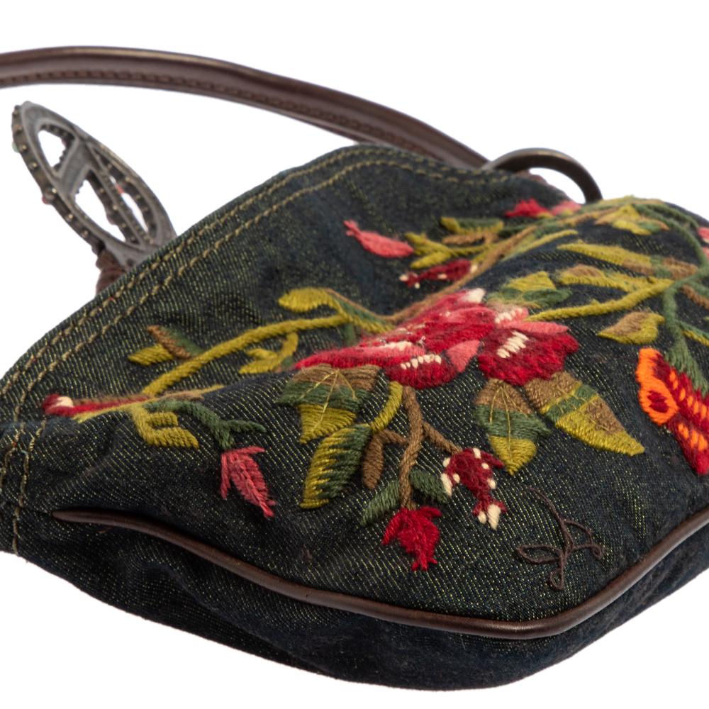 Valentino Green Denim Embroidered Floral Catch Shoulder Bag 2