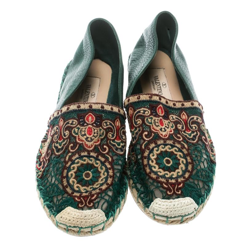 These espadrilles from Valentino will never fail your style for they are so designed to lift your mood and add to your beauty. They are made from green leather and embroidered lace with knitted cap toe details and braided midsoles.

Includes: The