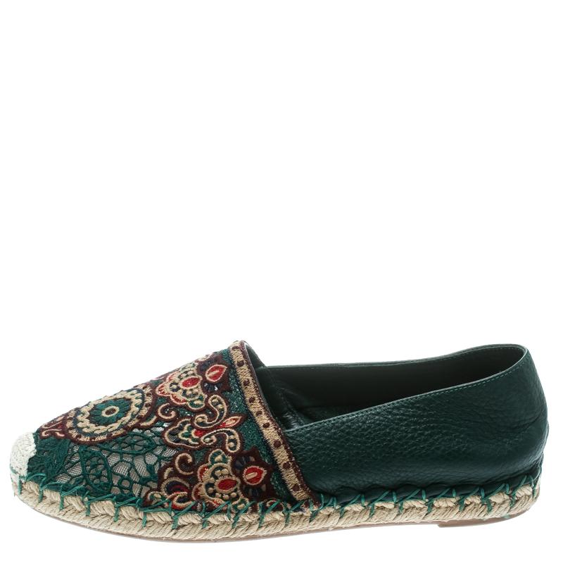 Women's Valentino Green Embroidered Leather Espadrilles Size 35