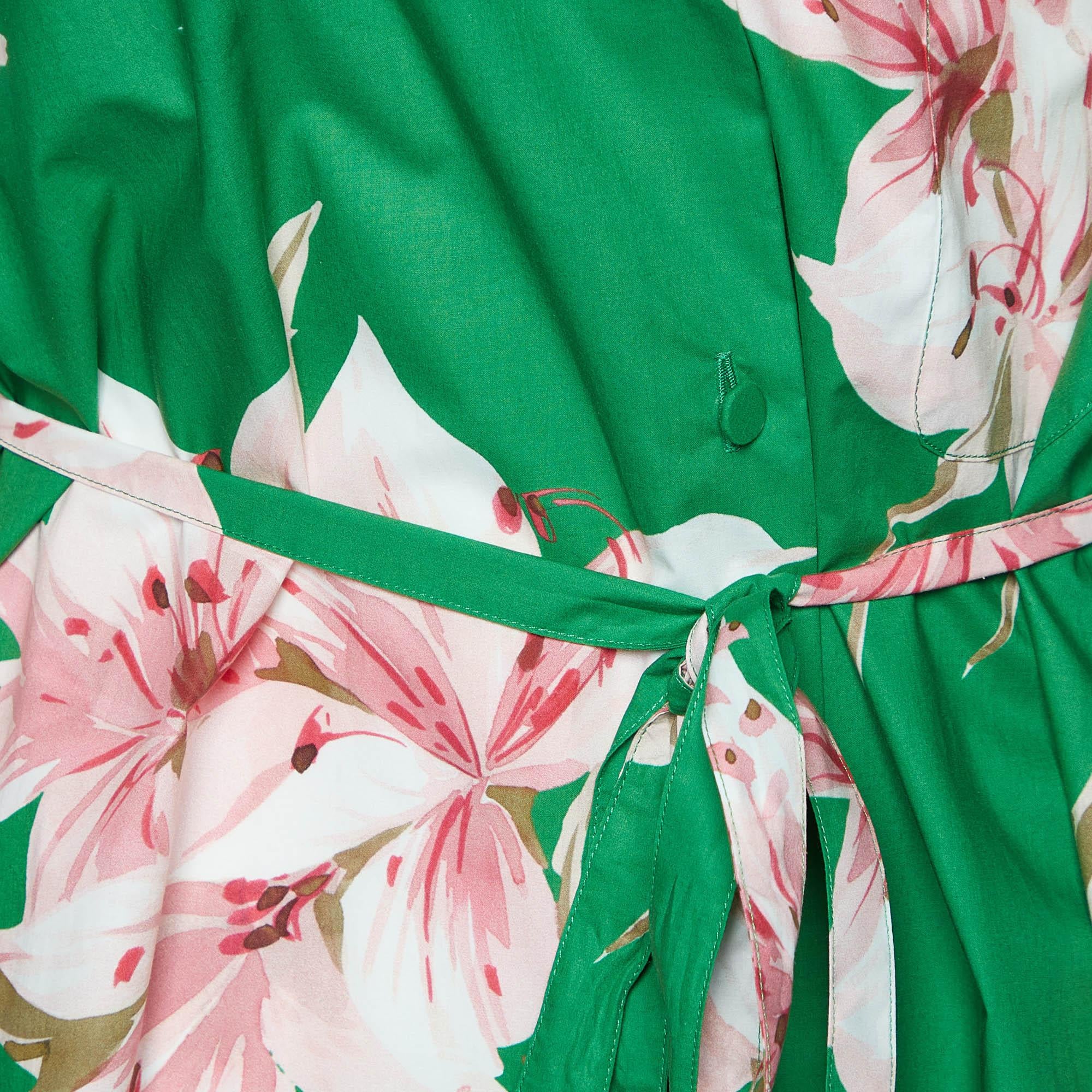 Valentino Green Floral Print Cotton Belted Shirt Dress L In Excellent Condition For Sale In Dubai, Al Qouz 2
