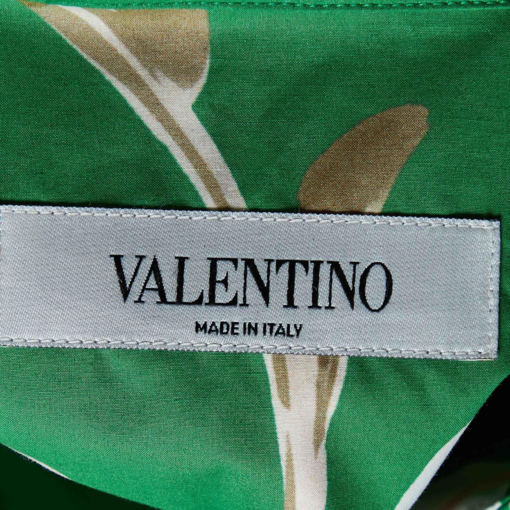 Valentino Green Floral Print Cotton Belted Shirt Dress L In Excellent Condition For Sale In Dubai, Al Qouz 2
