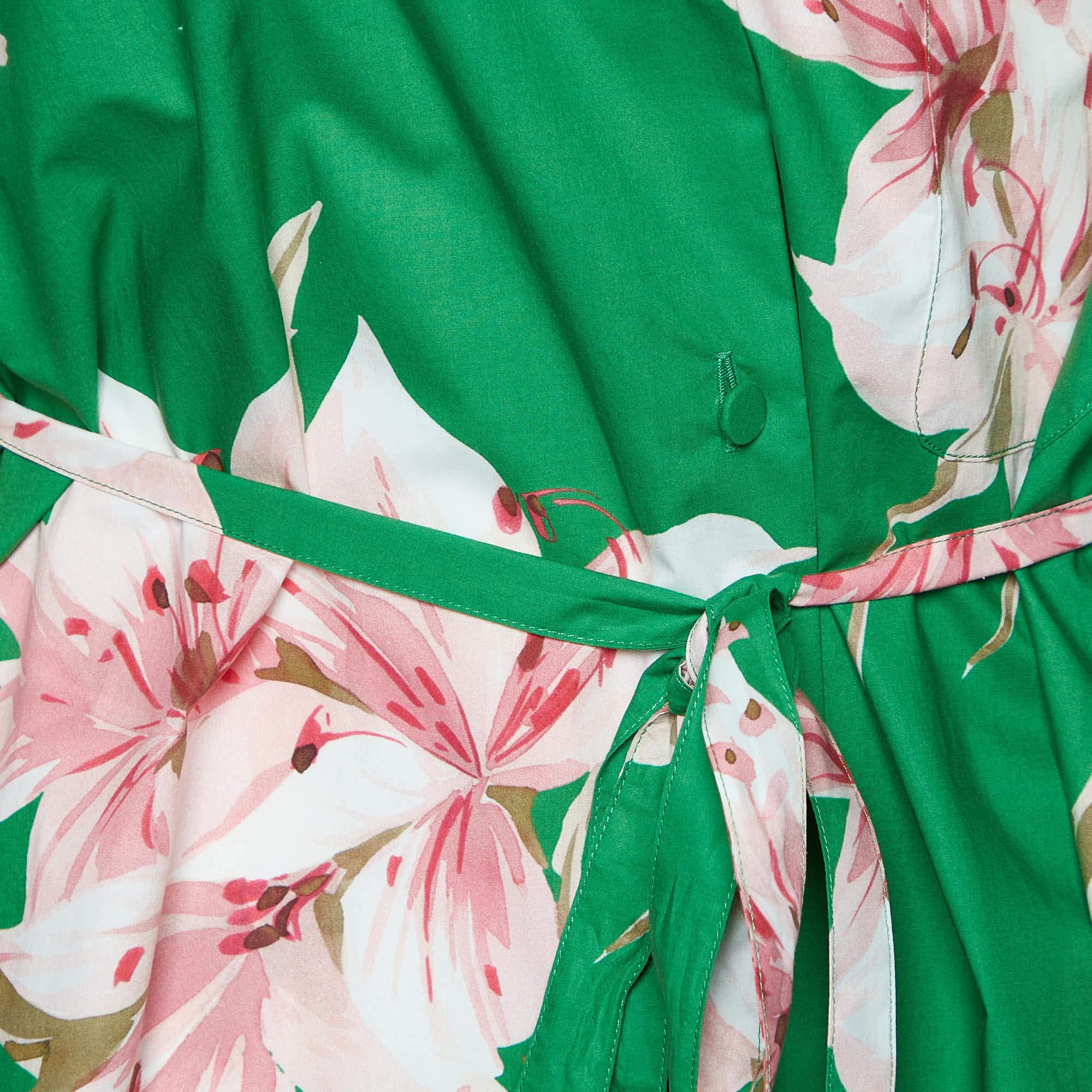 Valentino Green Floral Print Cotton Belted Shirt Dress L For Sale 1