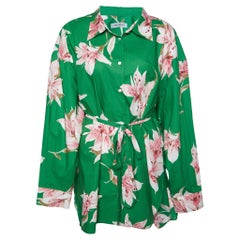 Valentino Grünes Hemdblusenkleid mit Baumwollgürtel und Blumendruck L