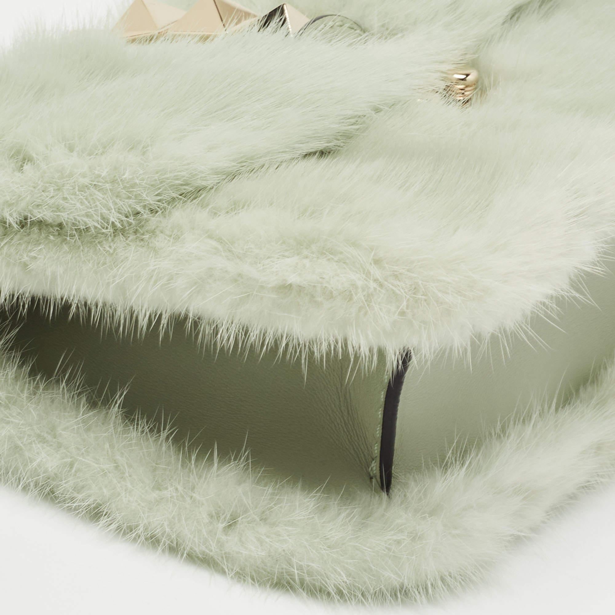 Valentino Green Fur Rockstud Glam Lock Shoulder Bag 6