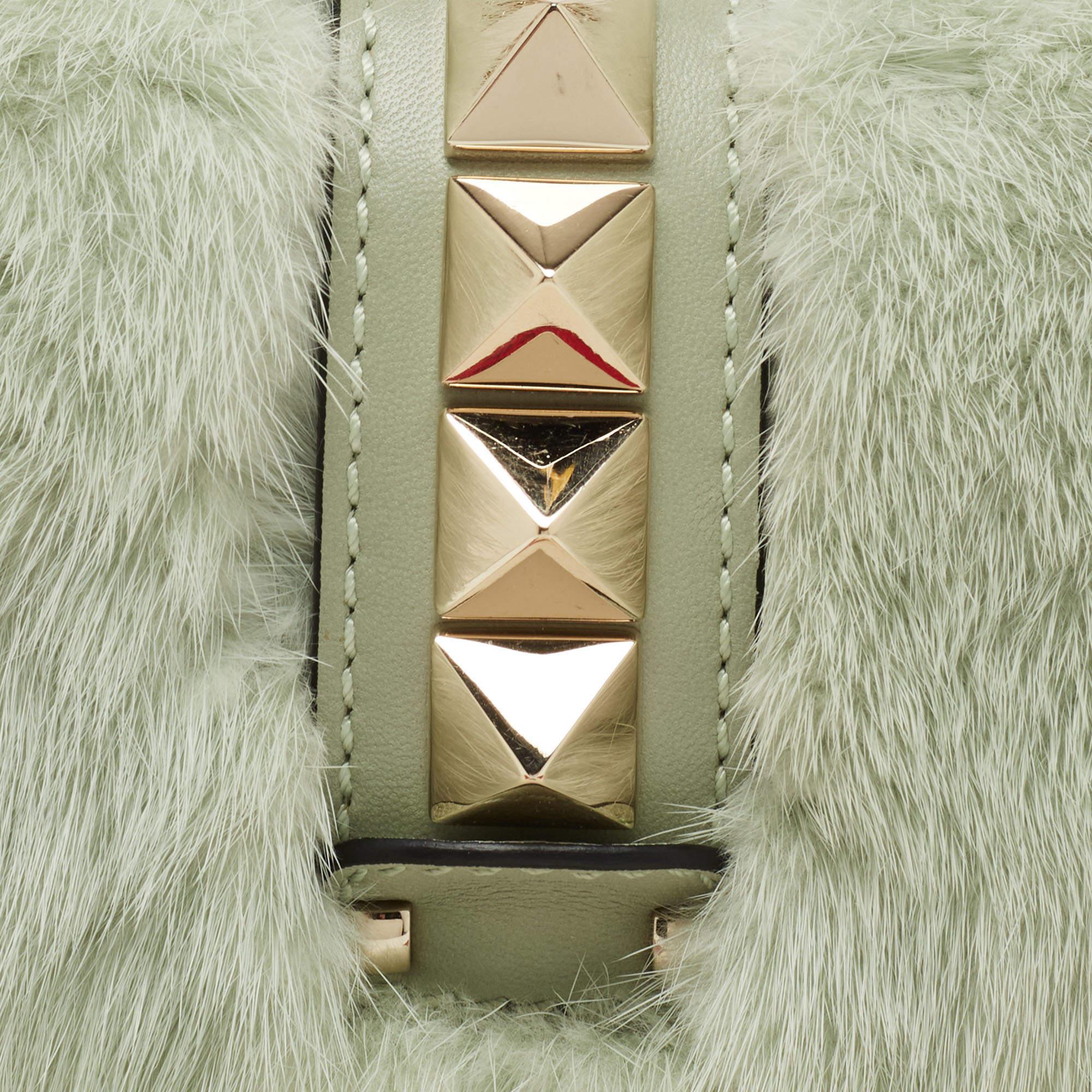 Valentino Green Fur Rockstud Glam Lock Shoulder Bag 7
