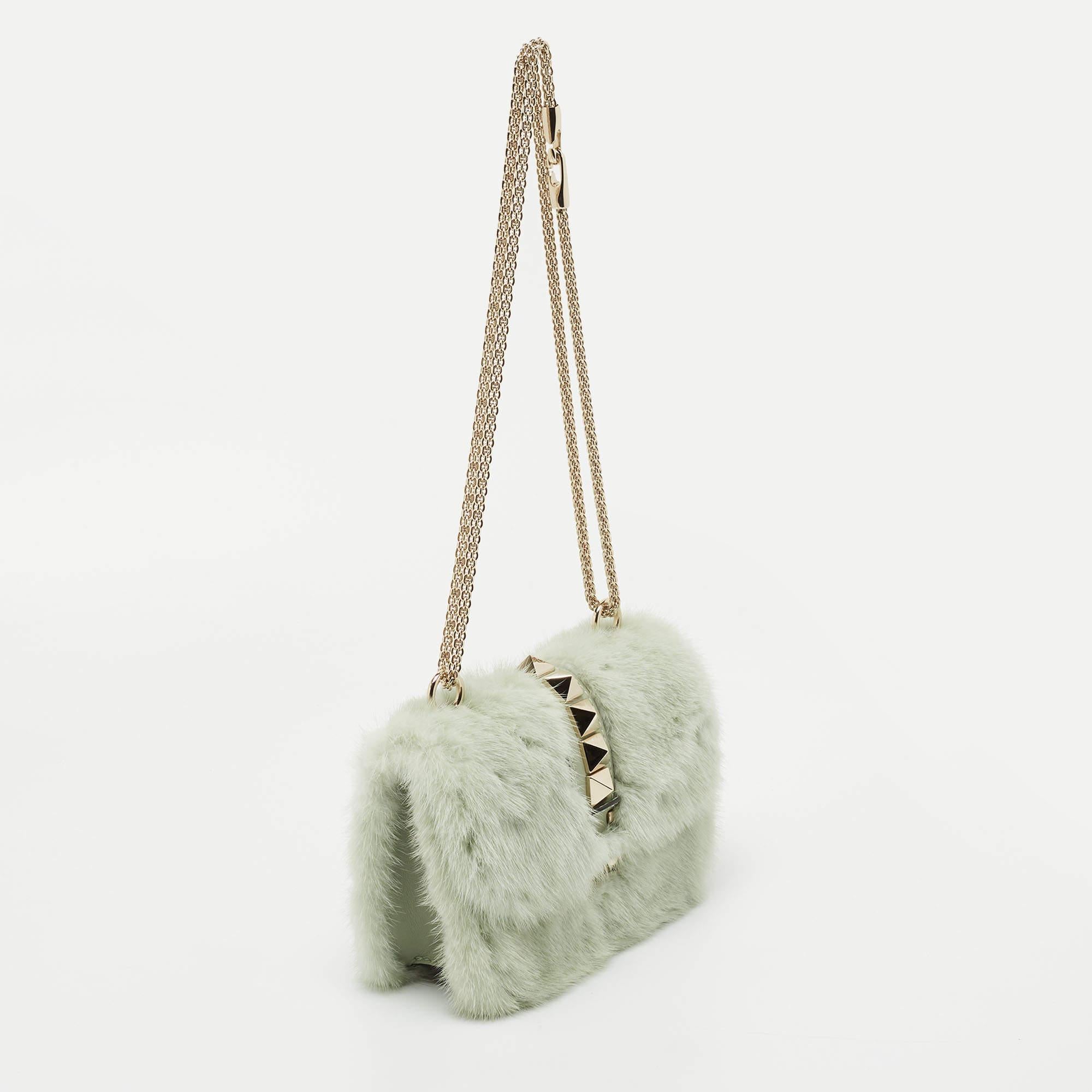 Women's Valentino Green Fur Rockstud Glam Lock Shoulder Bag