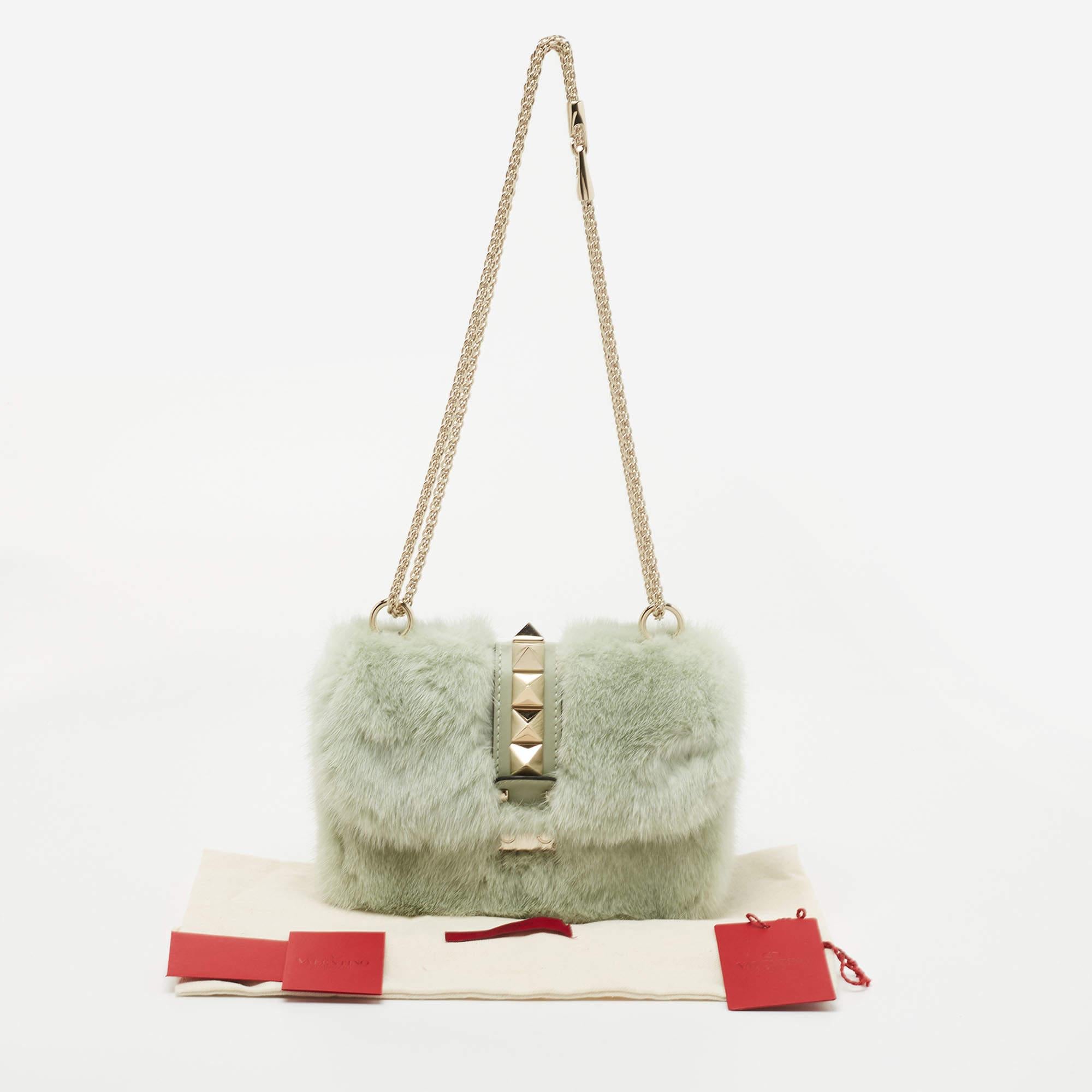 Valentino Green Fur Rockstud Glam Lock Shoulder Bag 2