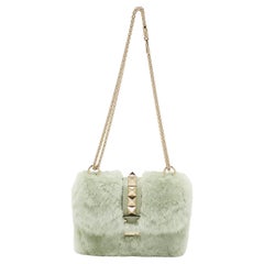 Valentino Green Fur Rockstud Glam Lock Shoulder Bag