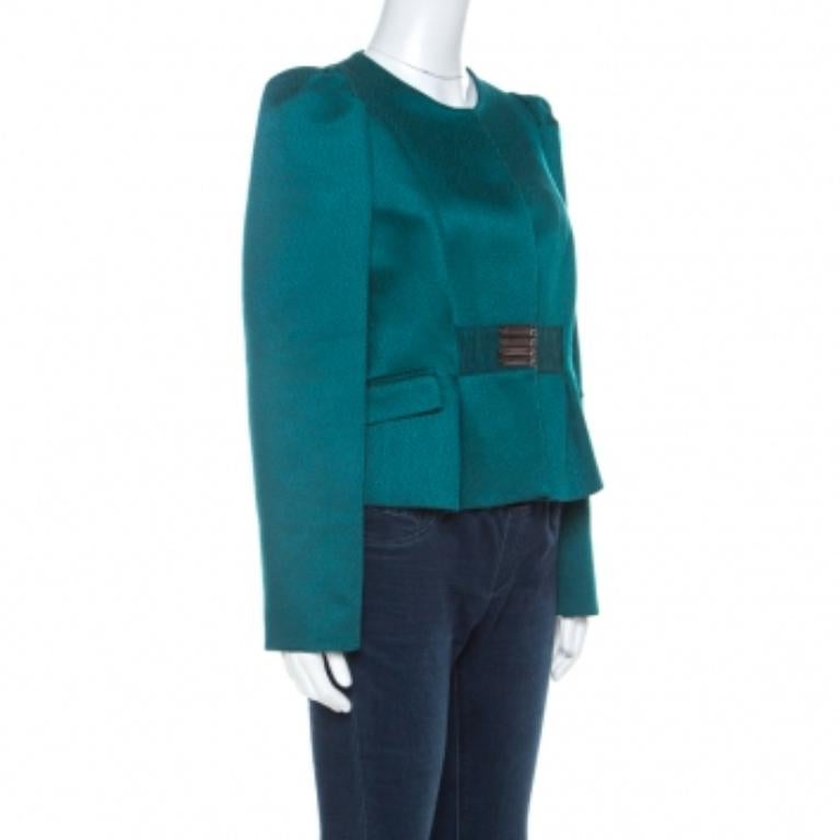 Valentino Grün Jacquard-verzierte Jacke mit abgeschnittener Taille L im Angebot 1