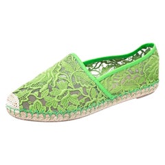 Valentino Green Lace, Leather Trim And Mesh Espadrille Flats Size 38