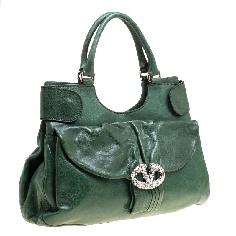 Black Valentino Green Leather Crystal Catch Shoulder Bag