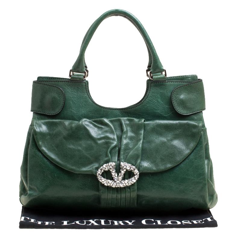 Valentino Green Leather Crystal Catch Shoulder Bag 4