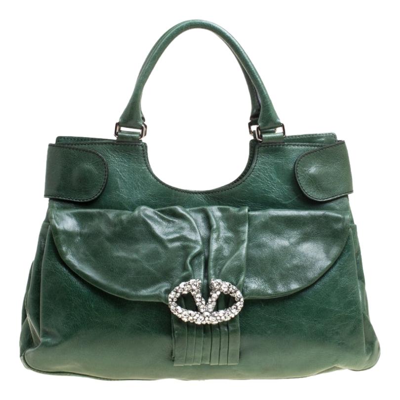 Valentino Green Leather Crystal Catch Shoulder Bag