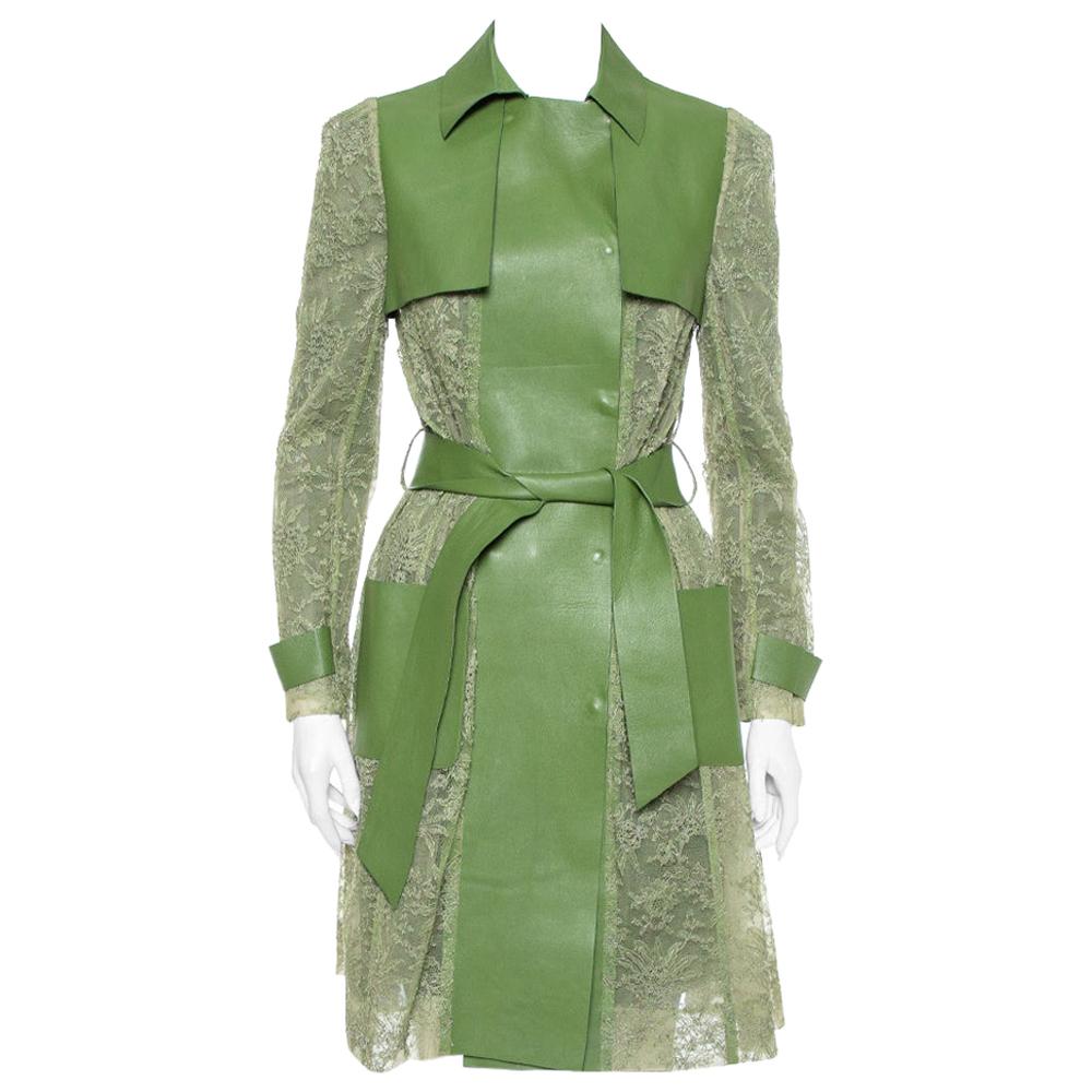 Valentino Green Leather & Lace Belted Trench Coat M