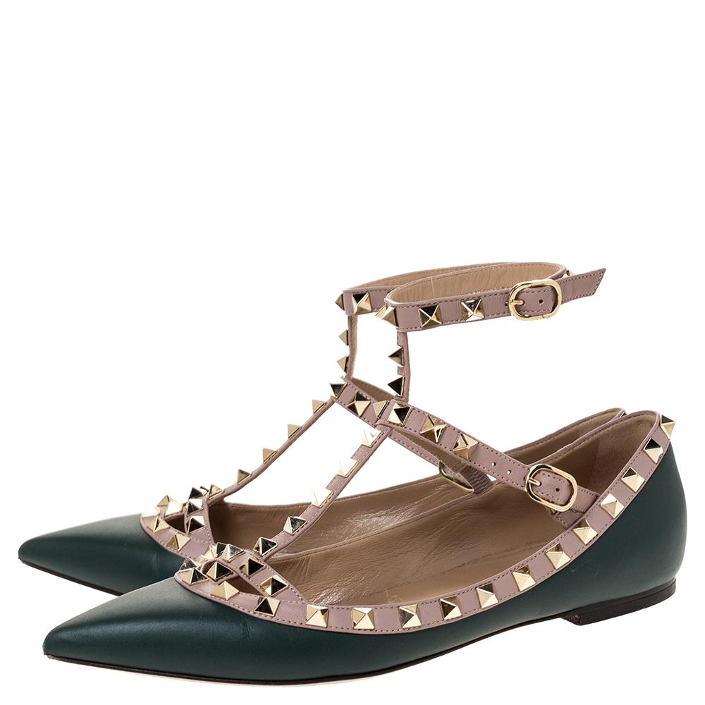 Women's Valentino Green Leather Rockstud Ankle Strap Ballet Flats Size 37.5