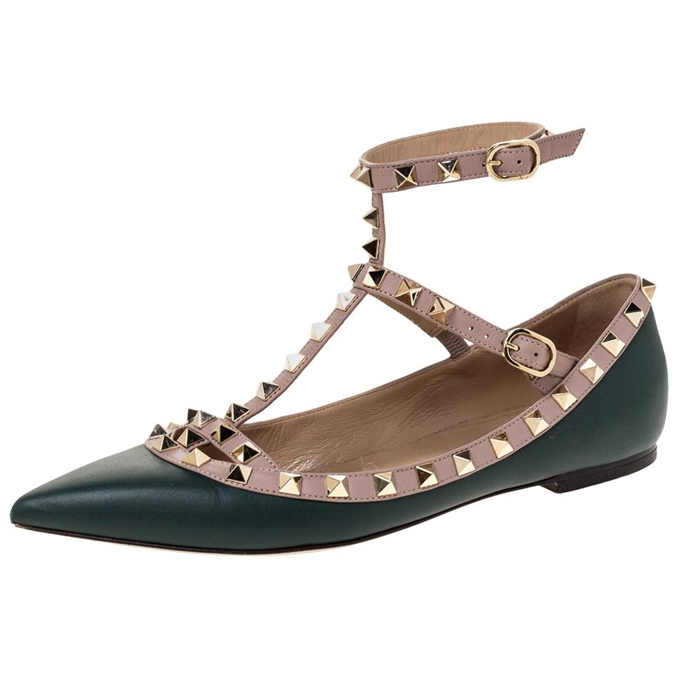 Valentino Green Leather Rockstud Ankle Strap Ballet Flats Size 37.5