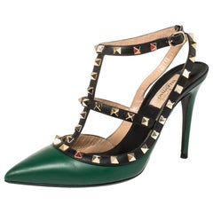 Valentino Green Leather Rockstud Ankle Strap Cage Sandals Size 38.5