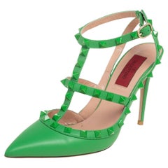 Valentino Green Leather Rockstud Ankle Strap Pointed Toe Sandals Size 37
