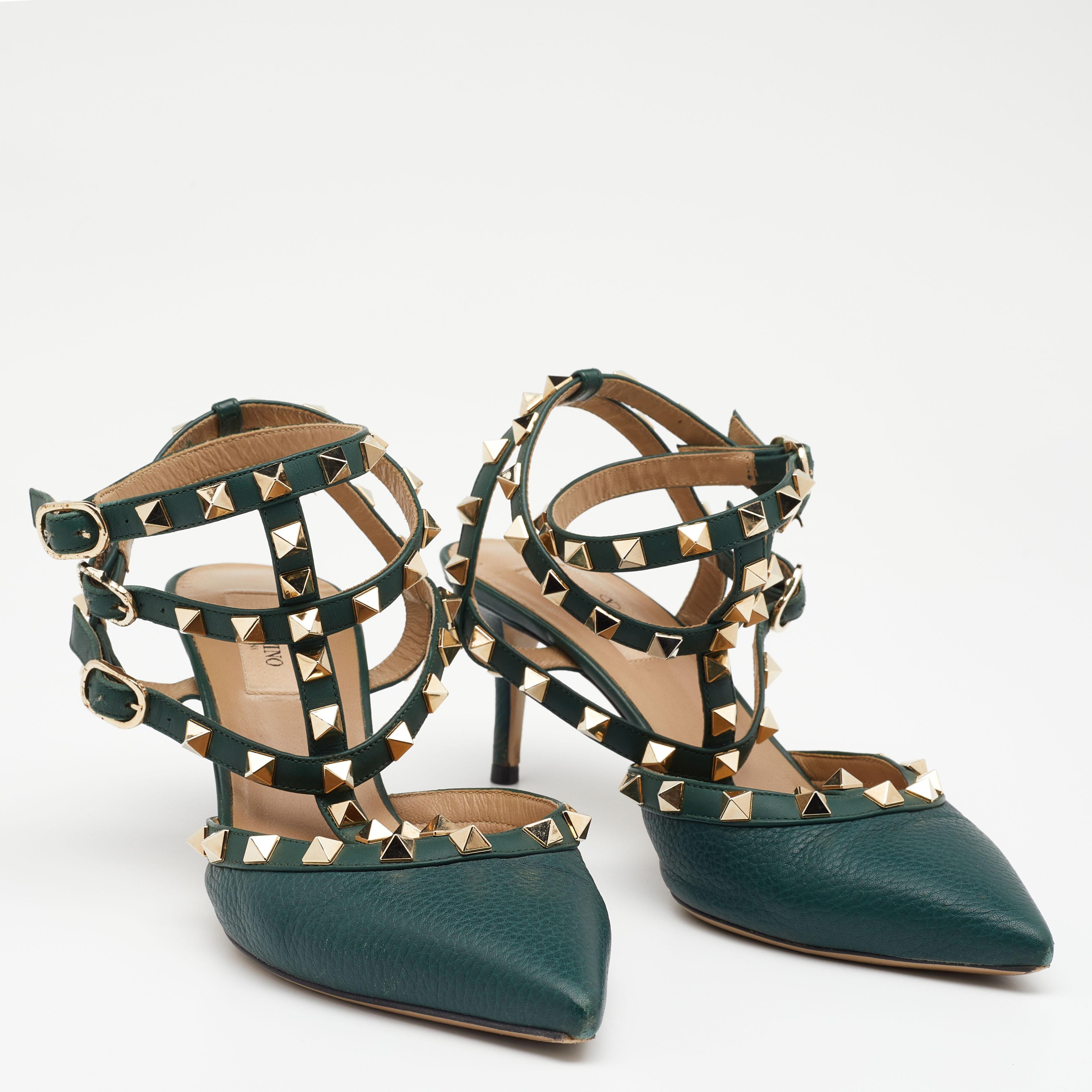 Women's Valentino Green Leather Rockstud Ankle Strap Pointed Toe Sandals Size 38.5