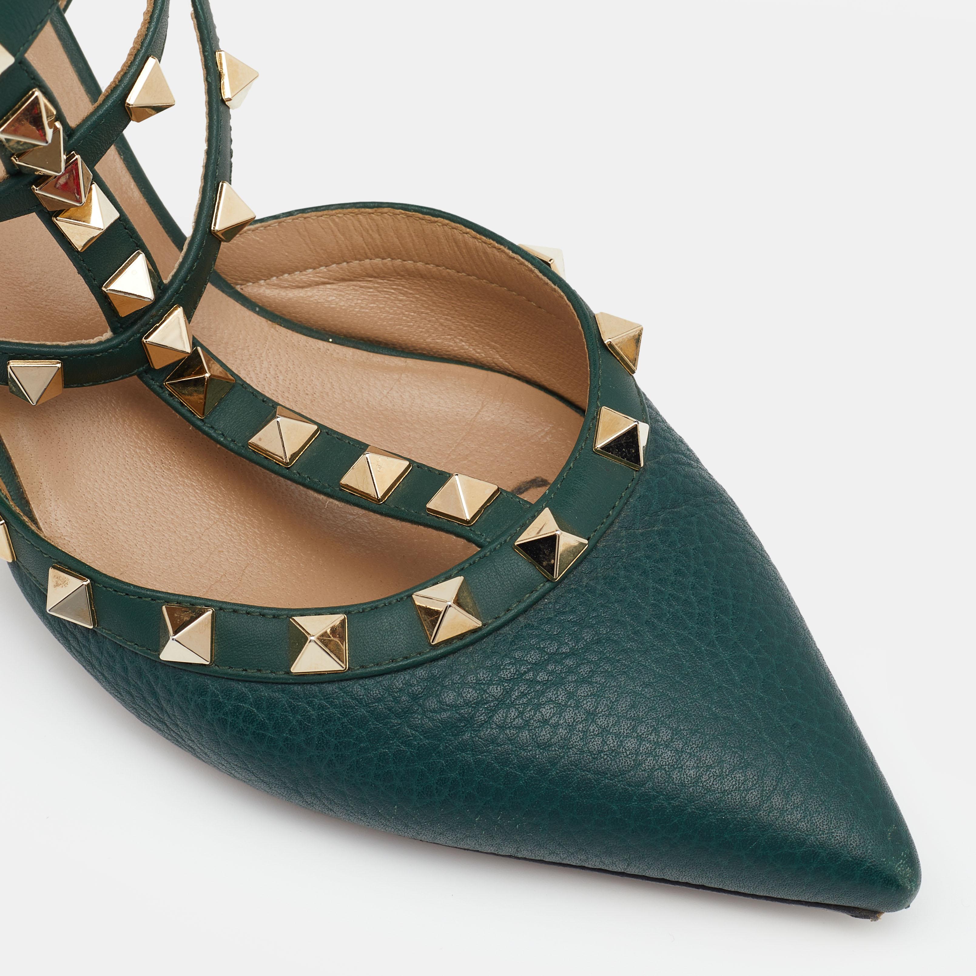 Valentino Green Leather Rockstud Ankle Strap Pointed Toe Sandals Size 38.5 1
