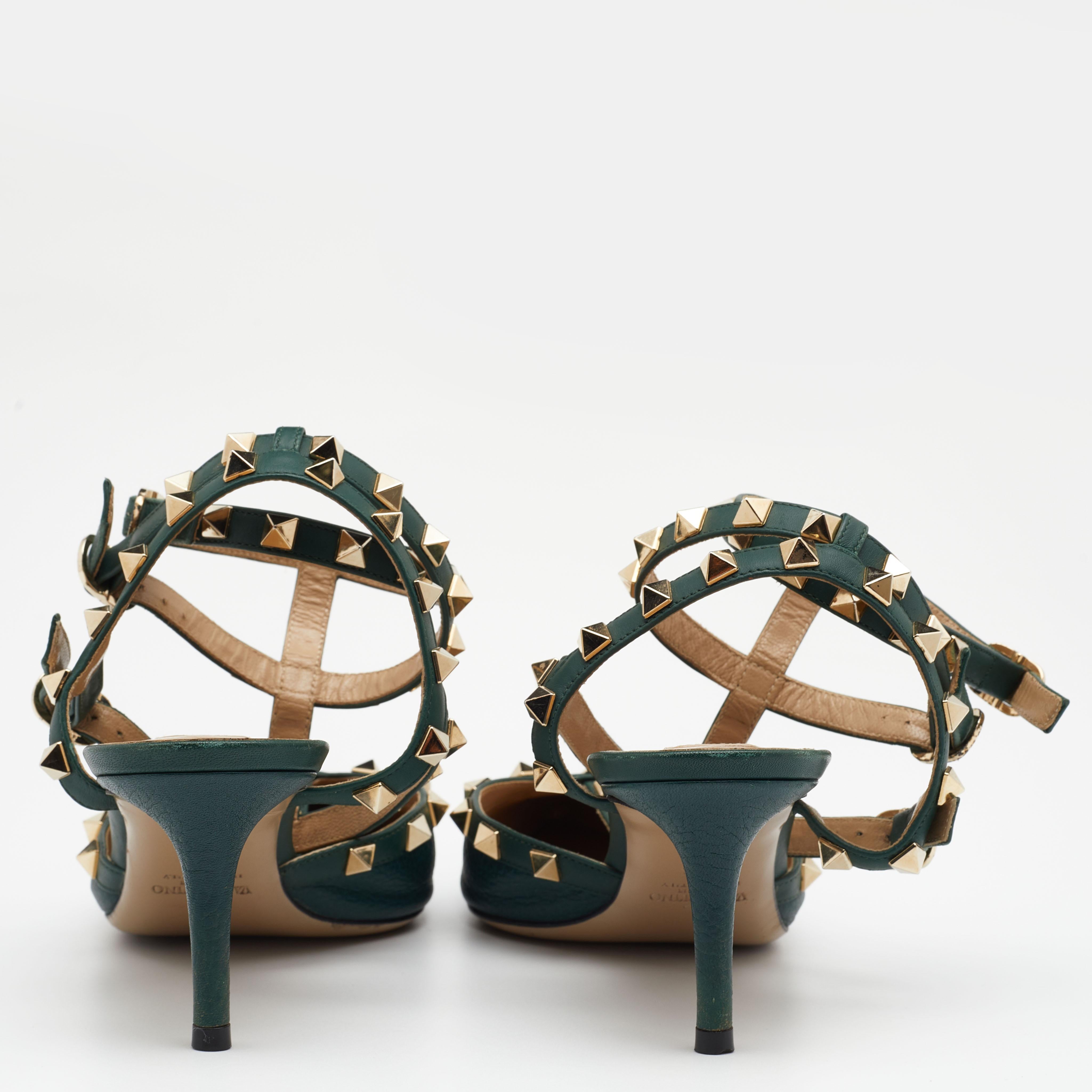 Valentino Green Leather Rockstud Ankle Strap Pointed Toe Sandals Size 38.5 2