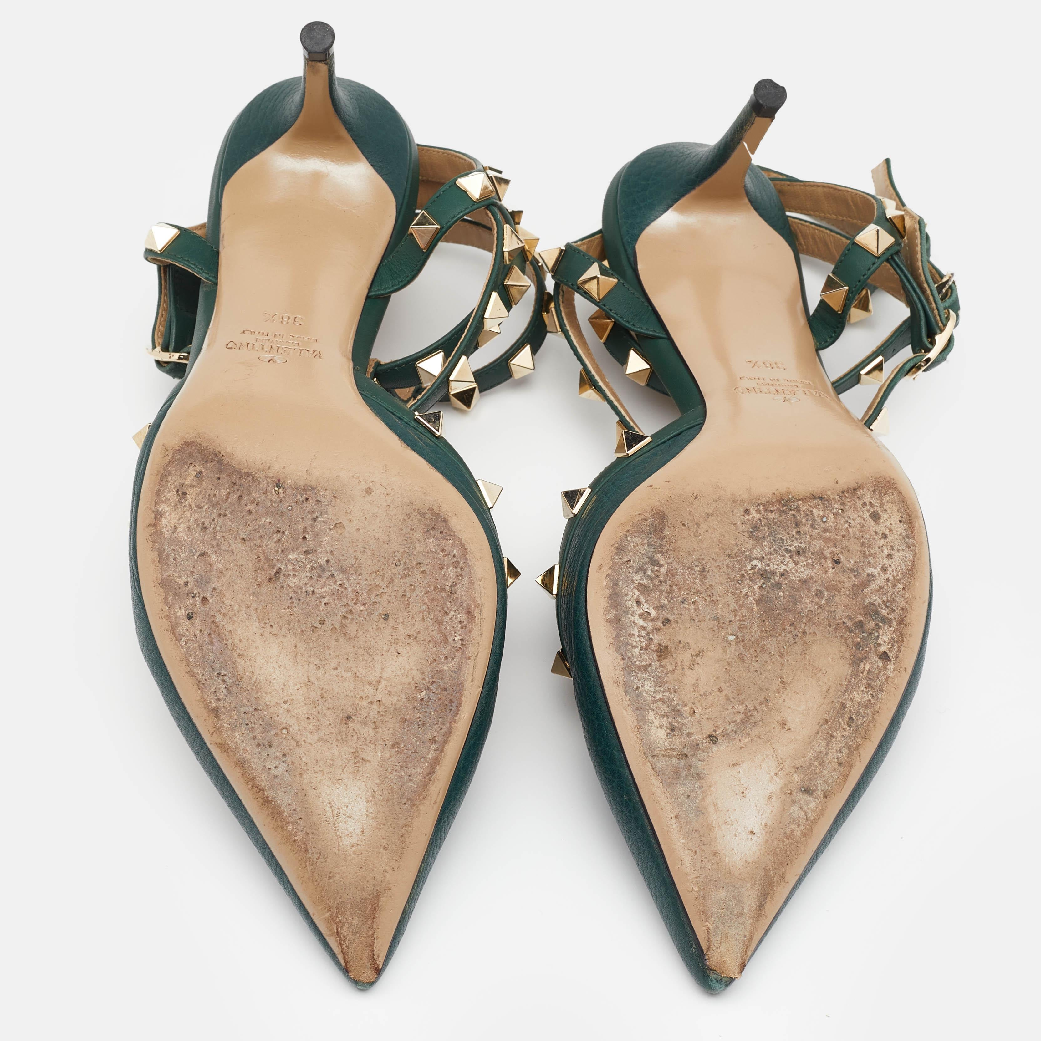Valentino Green Leather Rockstud Ankle Strap Pointed Toe Sandals Size 38.5 4