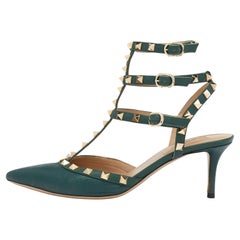 Valentino Green Leather Rockstud Ankle Strap Pointed Toe Sandals Size 38.5