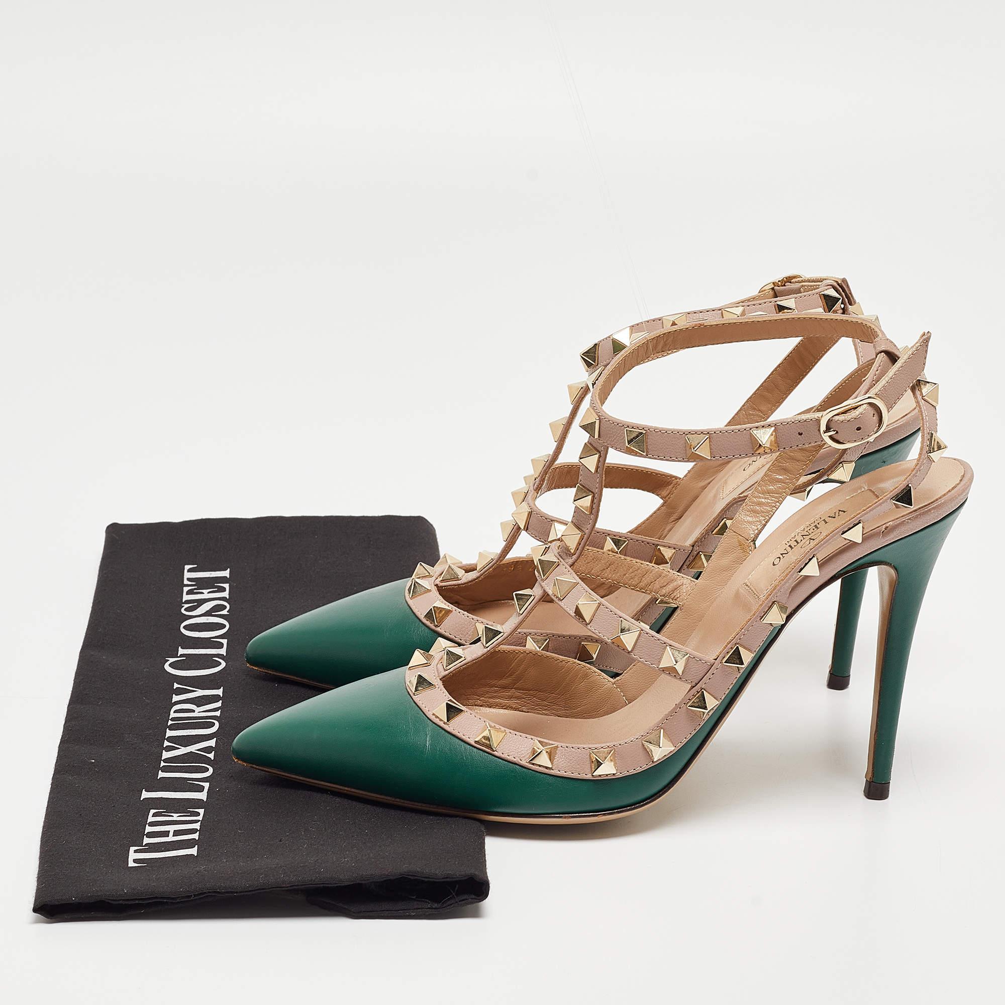 Valentino Green Leather Rockstud Ankle Strap Pumps Size 39 For Sale 6