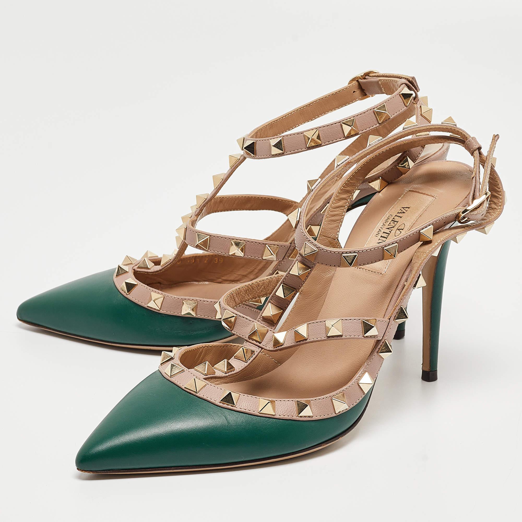 Women's Valentino Green Leather Rockstud Ankle Strap Pumps Size 39 For Sale
