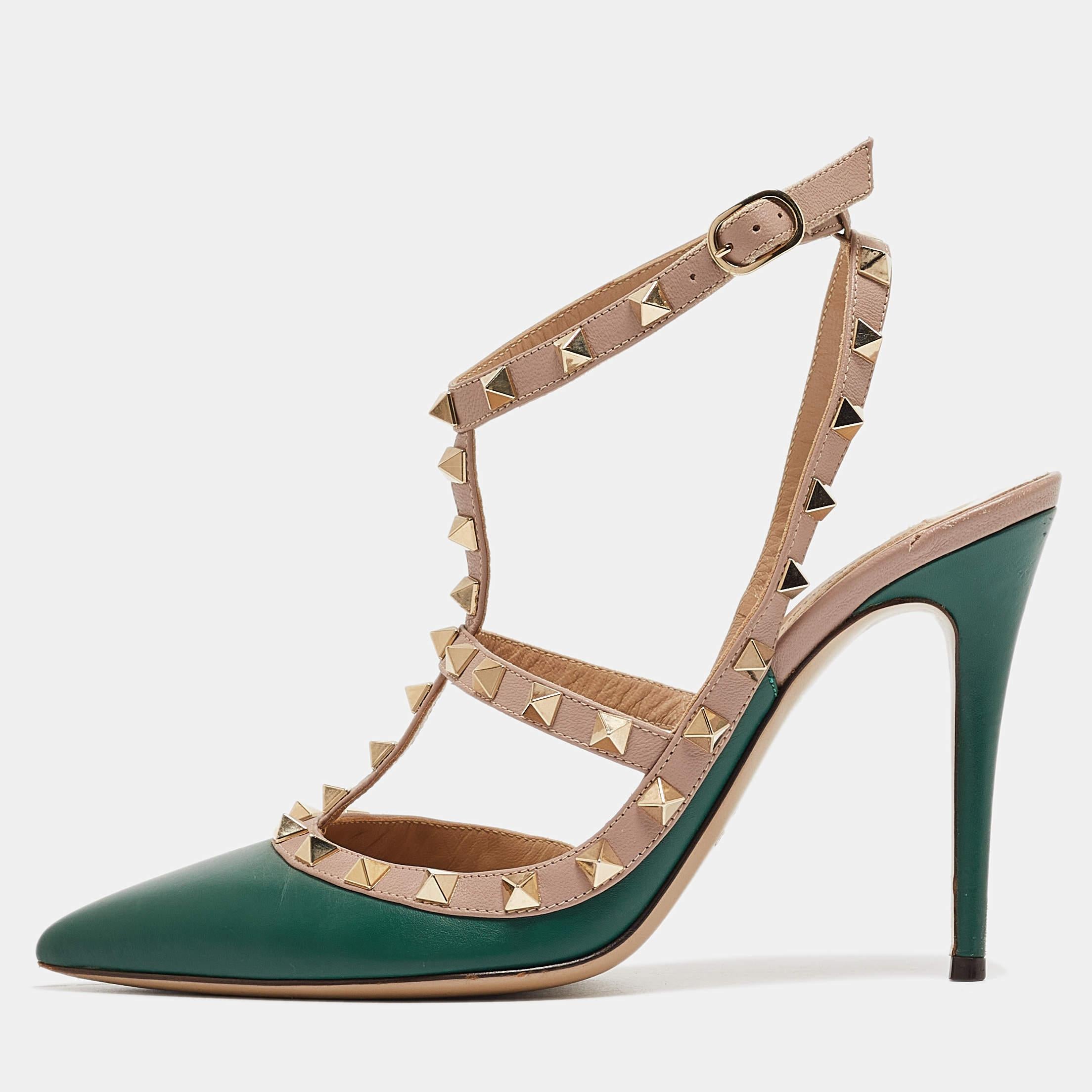 Valentino Green Leather Rockstud Ankle Strap Pumps Size 39 For Sale 2