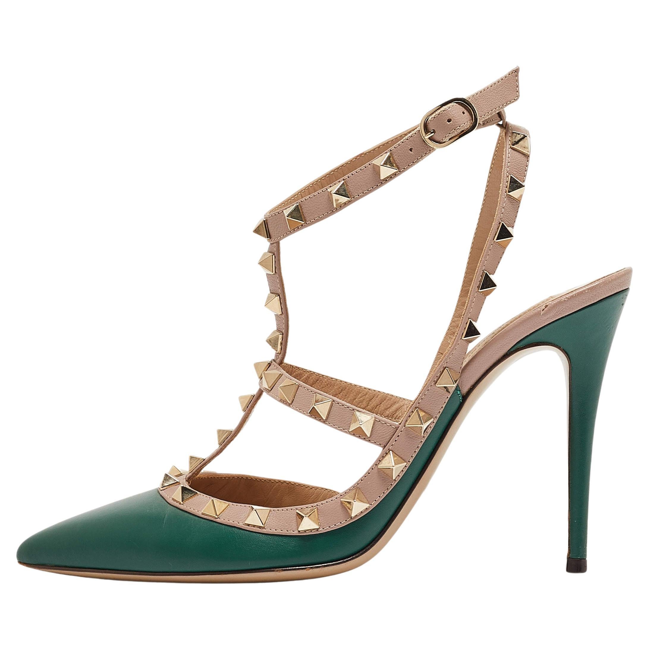 Valentino Green Leather Rockstud Ankle Strap Pumps Size 39 For Sale