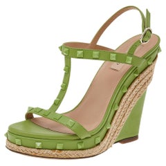 Valentino Green Leather Rockstud Espadrille Platform Wedge Sandals Size 39
