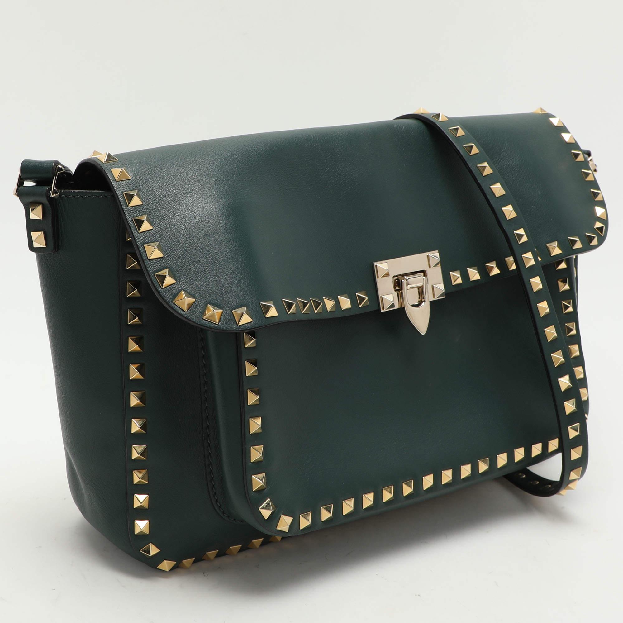 Black Valentino Green Leather Rockstud Flap Shoulder Bag