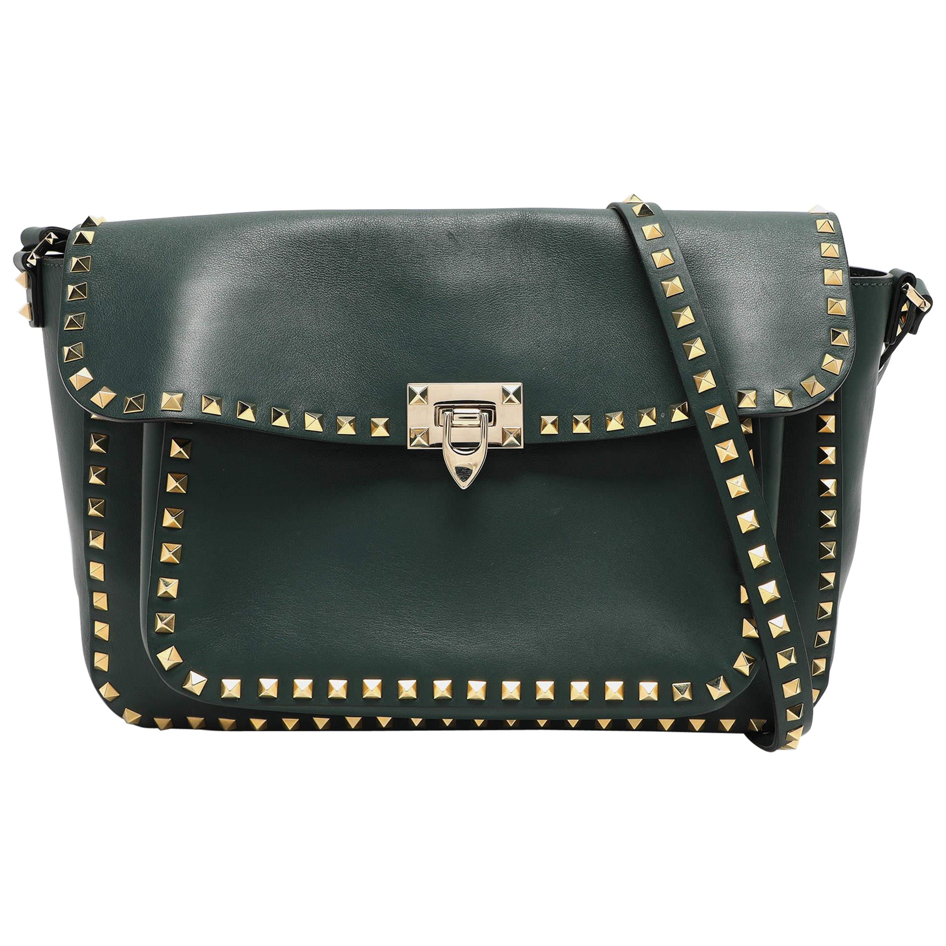 Valentino Green Leather Rockstud Flap Shoulder Bag