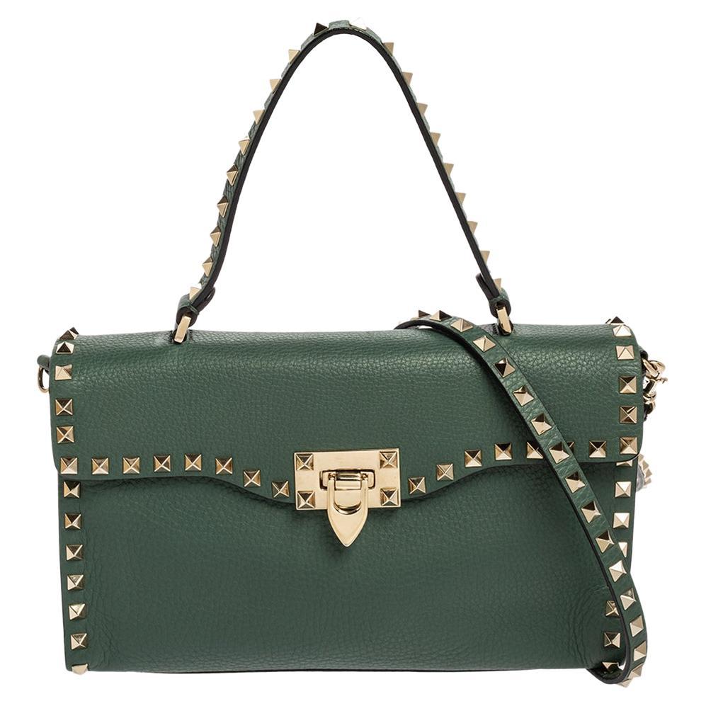 Valentino Green Leather Rockstud Flip Lock Top Handle Bag at 1stDibs