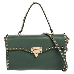 Valentino Green Leather Rockstud Flip Lock Top Handle Bag