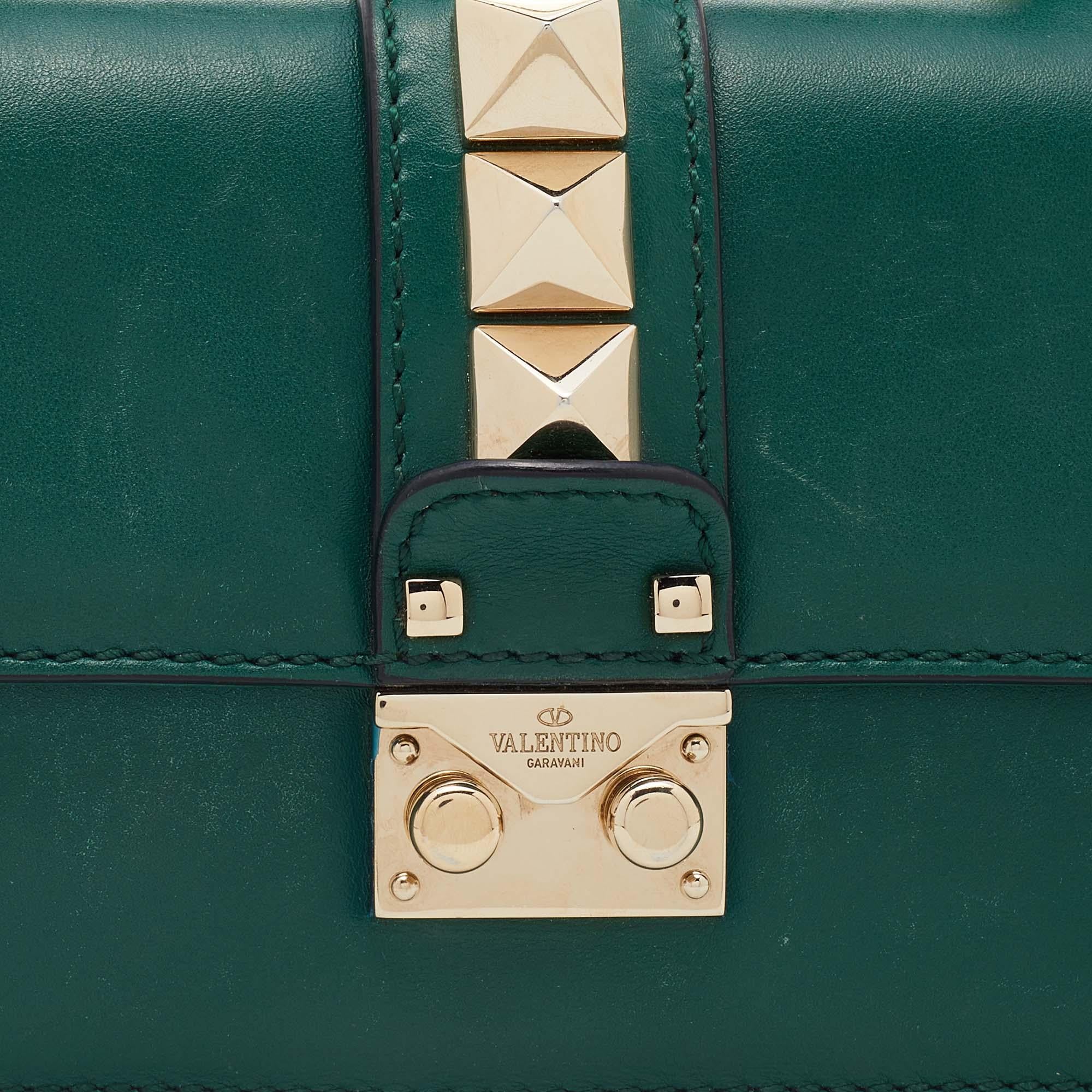 Valentino Green Leather Rockstud Glam Lock Flap Bag 2
