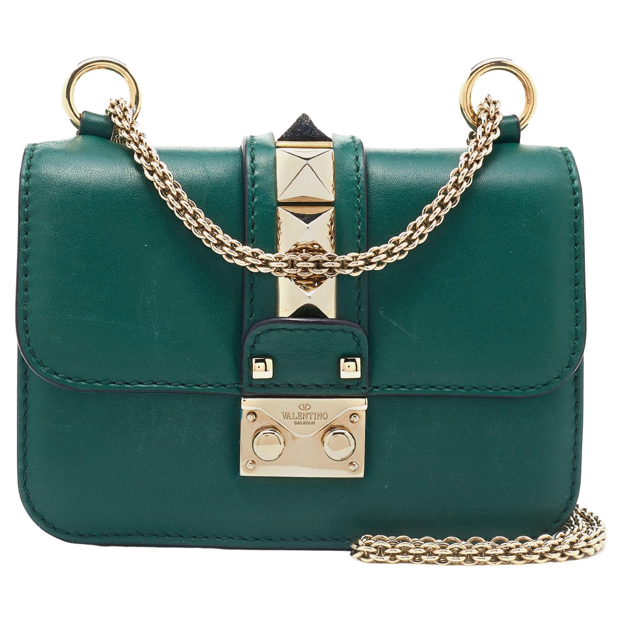 Valentino Green Leather Rockstud Glam Lock Flap Bag