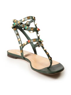 Valentino Green Leather Rockstud Thong Sandals Size IT 38